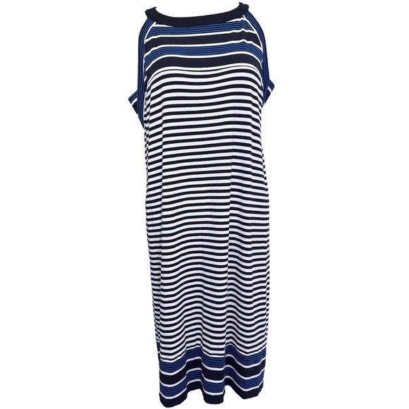 J. Jill Wearever Striped Halter Neckline Black Blue White Dress Large - Picture 2 of 11